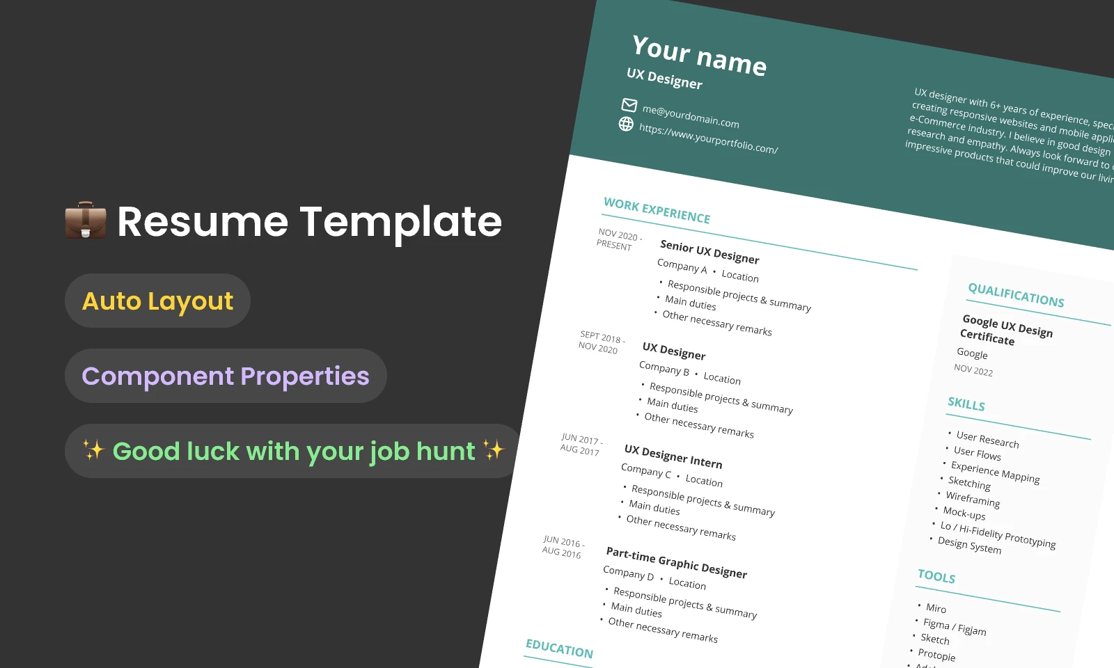  Resume Template in Auto Layout for Figma and Adobe XD