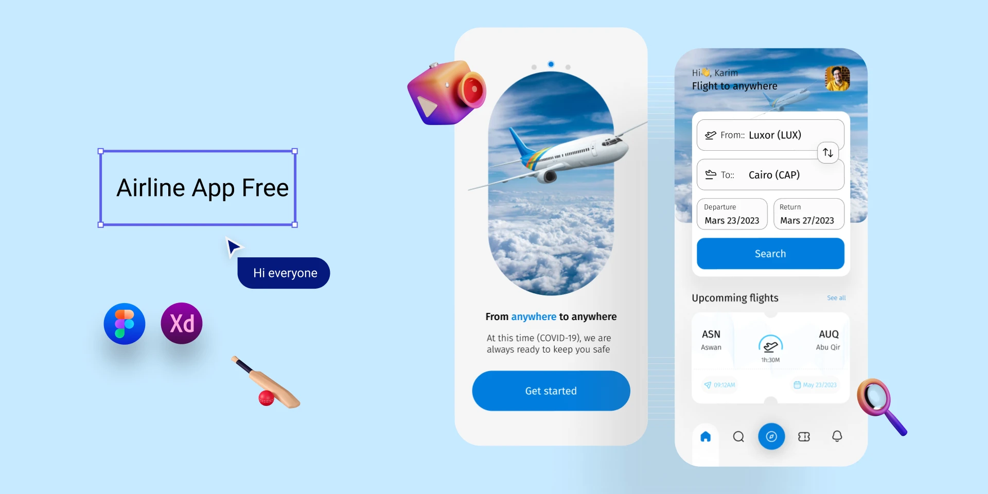 Airplane (Flight) App Free for Figma and Adobe XD