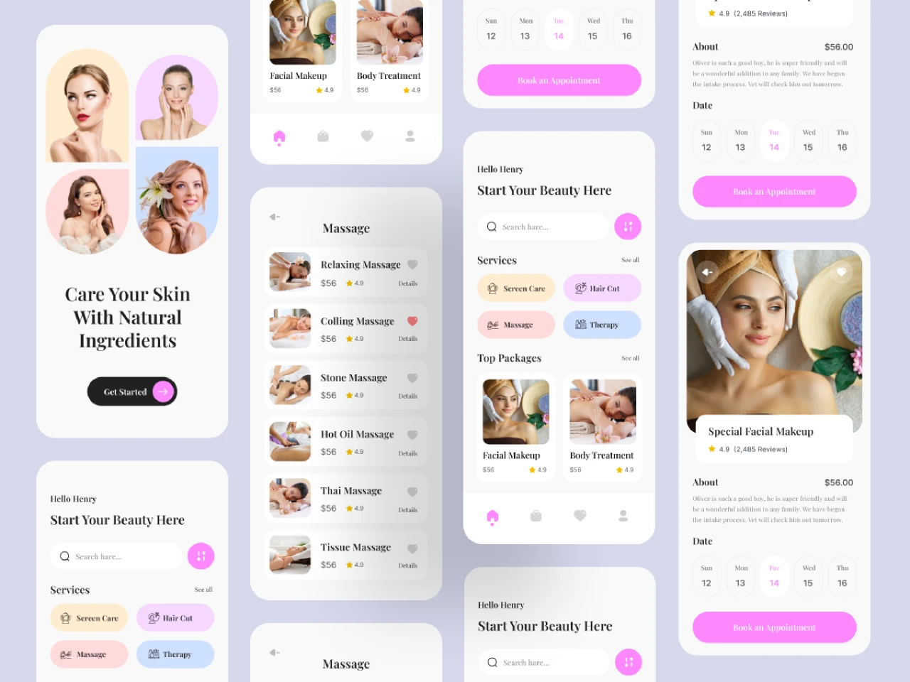 Beauty and Spa Mobile App Design for Figma and Adobe XD