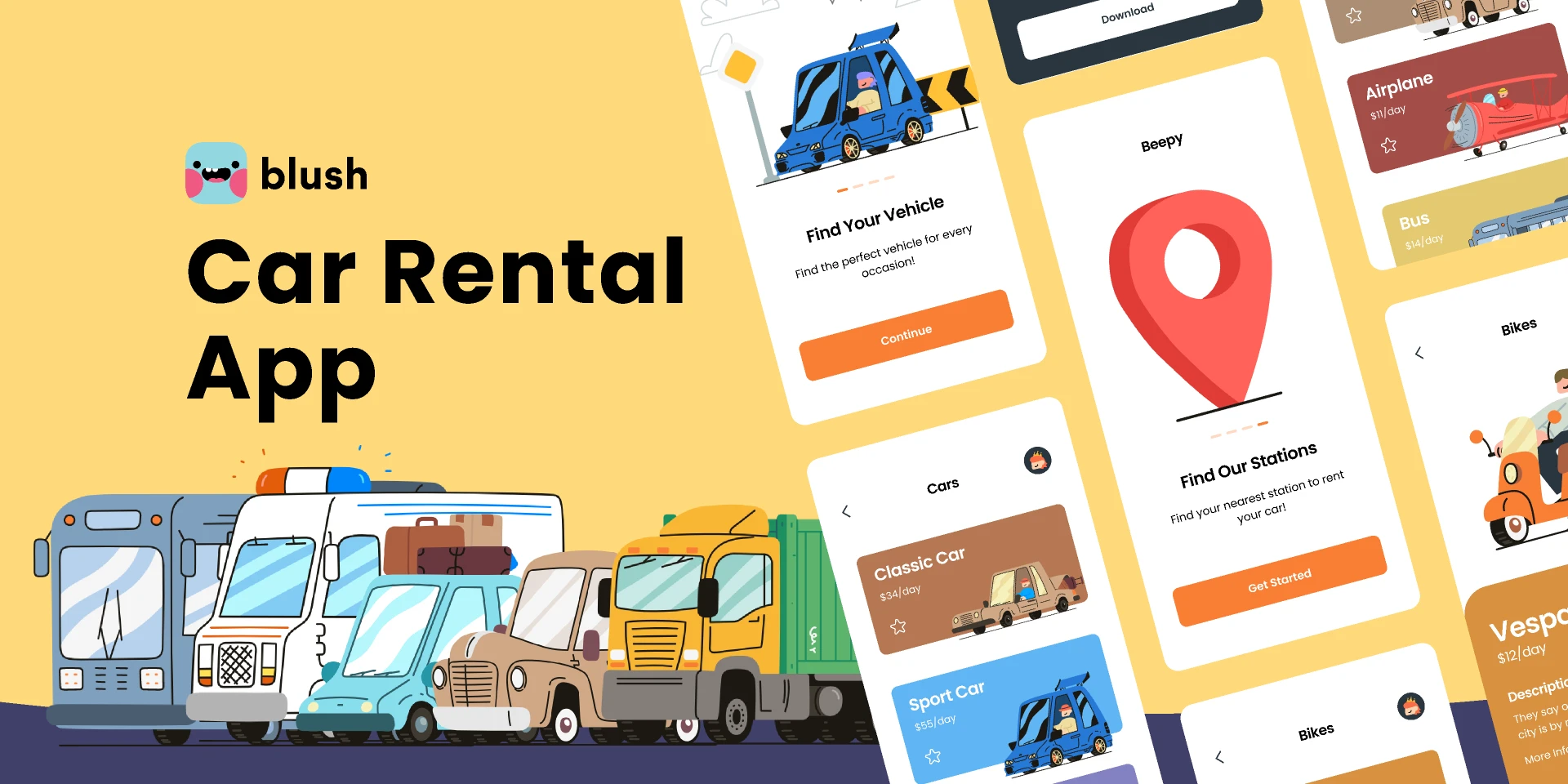 Car Rental App with Beep Beep Illustrations for Figma and Adobe XD
