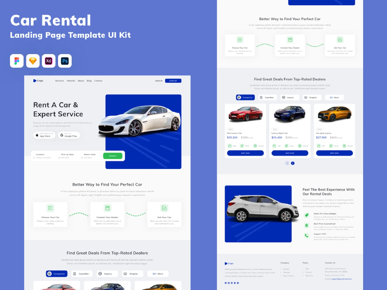 Car Rental Landing Page Template UI Kit for Figma and Adobe XD