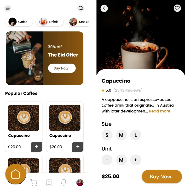 Coffee Shop Mobile App for Figma and Adobe XD