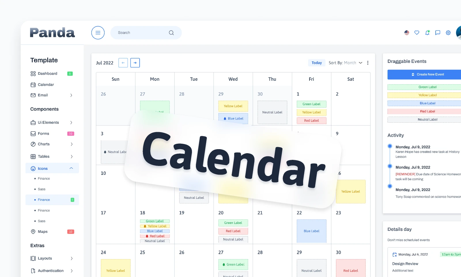 Dashboard calendar design template at 1920w for Figma and Adobe XD