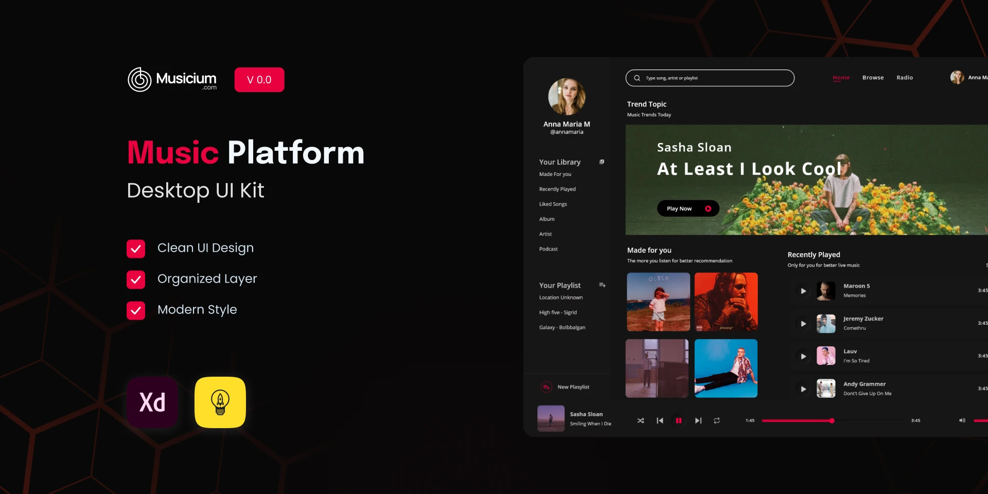 Desktop Music Stream Platform UI Design for Figma and Adobe XD