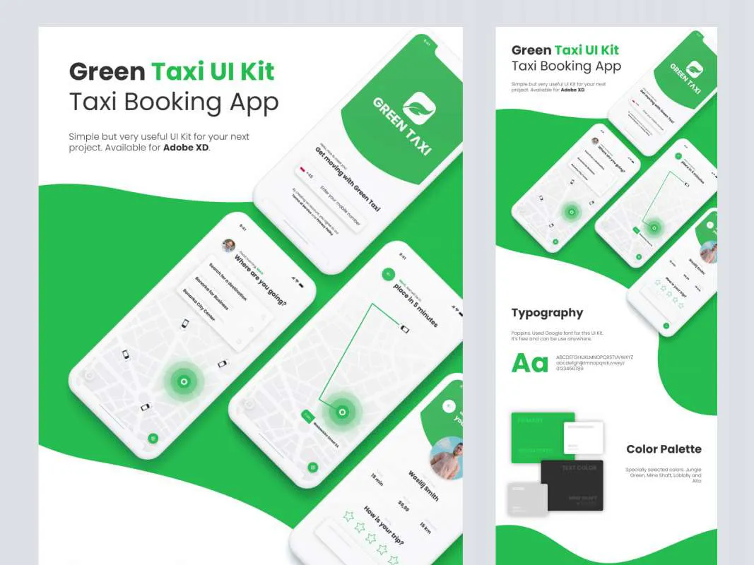 Green Taxi Free App UI Kit  - Free Figma Template