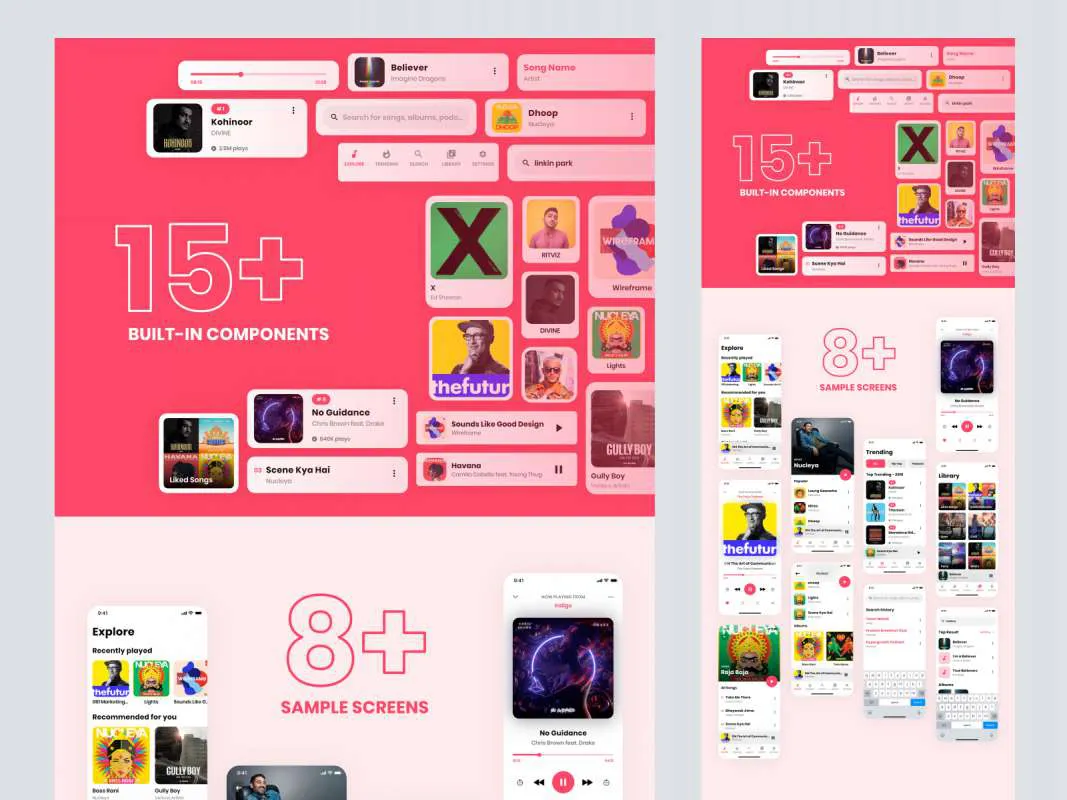 Music App UI Kit for Adobe XD  - Free Figma Template