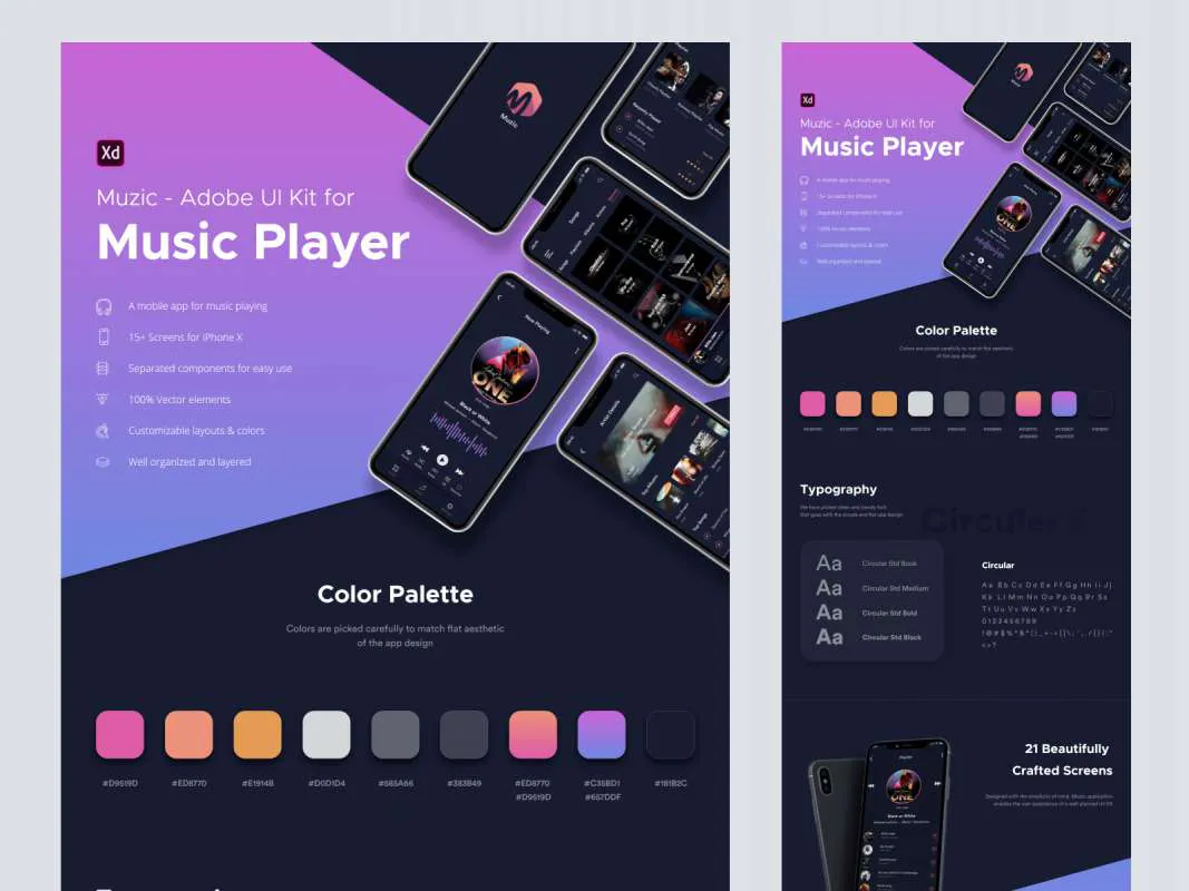 Muzic - Free Mobile UI Kit for Adobe XD  - Free Figma Template