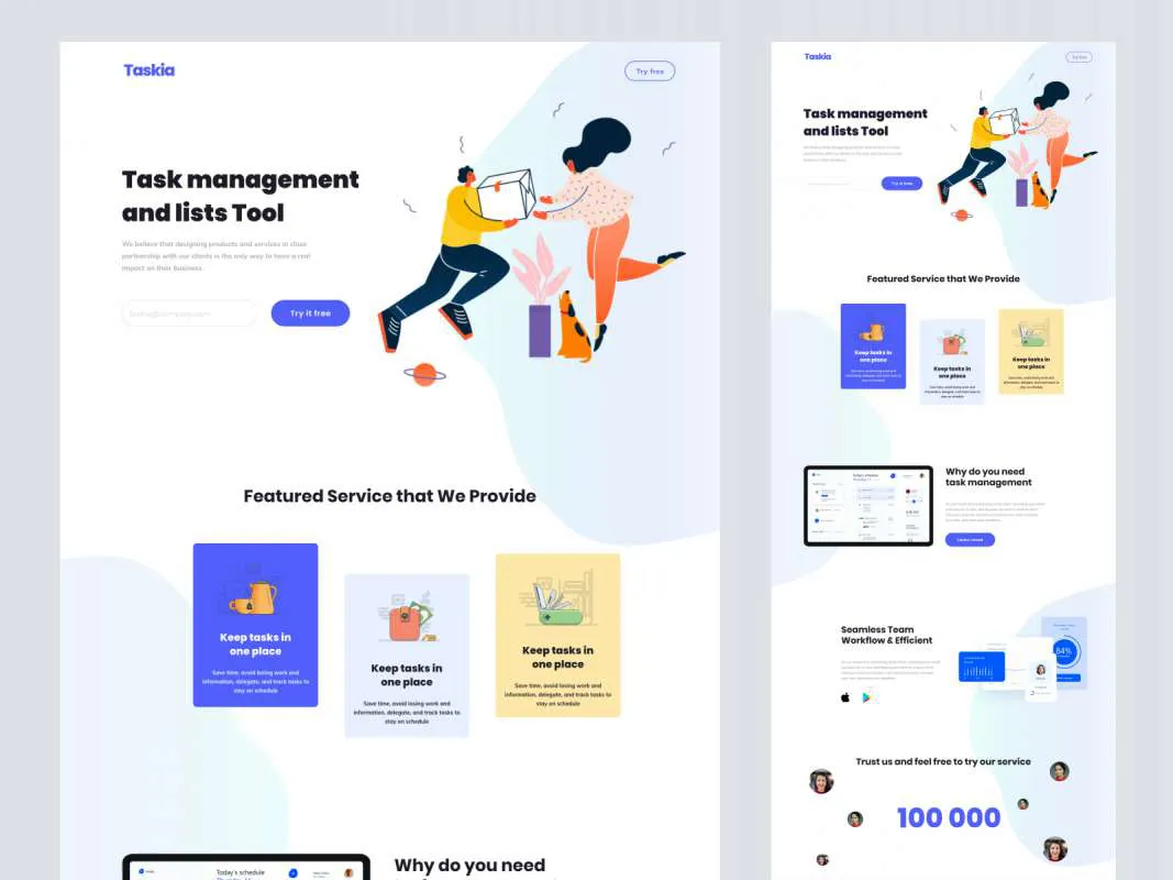 Taskia - Free Landing Page for Adobe XD  - Free Figma Template
