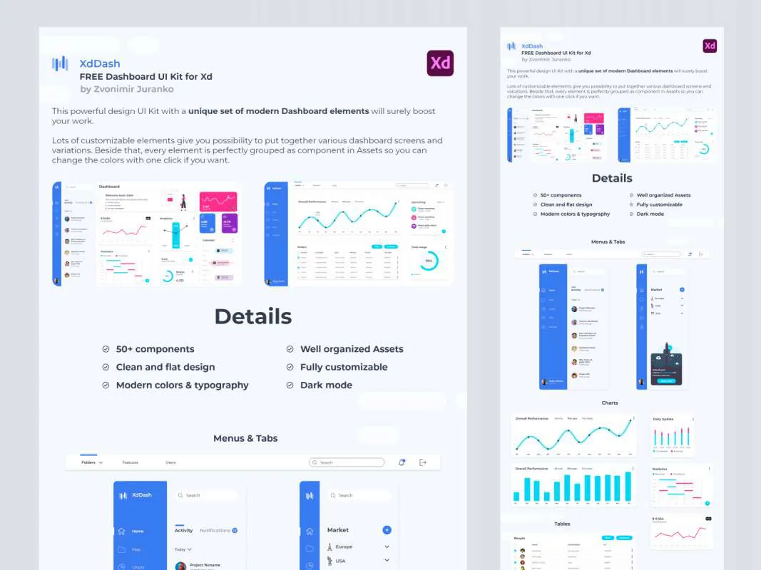 XdDash - Free Dashboard UI Kit for Adobe XD  - Free Figma Template