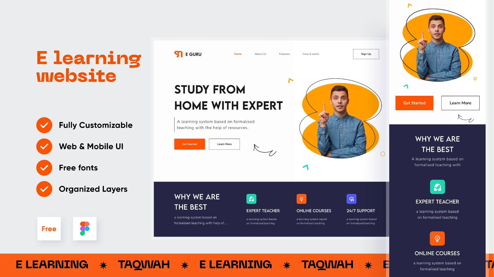 E-learning Educational Website Landing Page UI UX Design With Responsive Version for Figma and Adobe XD