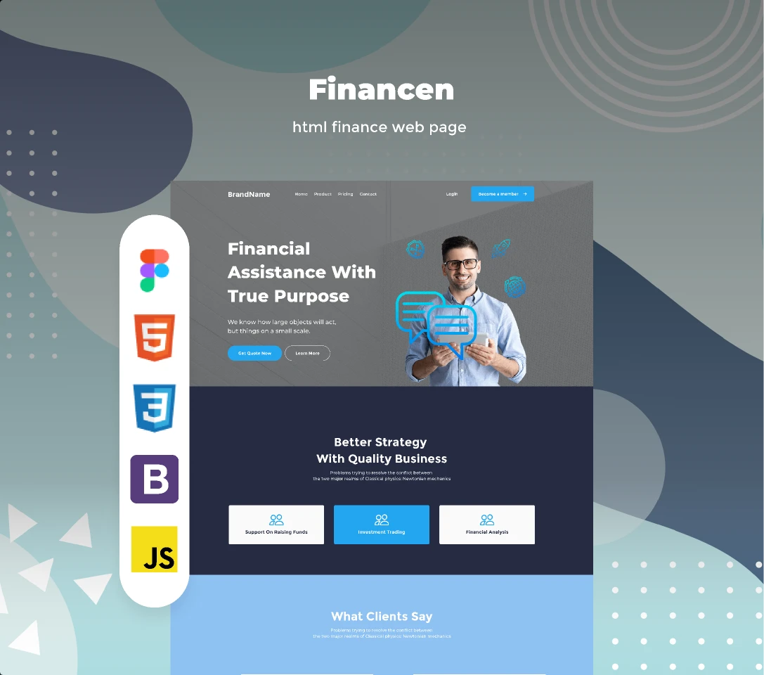 Financen -  Dark html finance web-page for Figma and Adobe XD