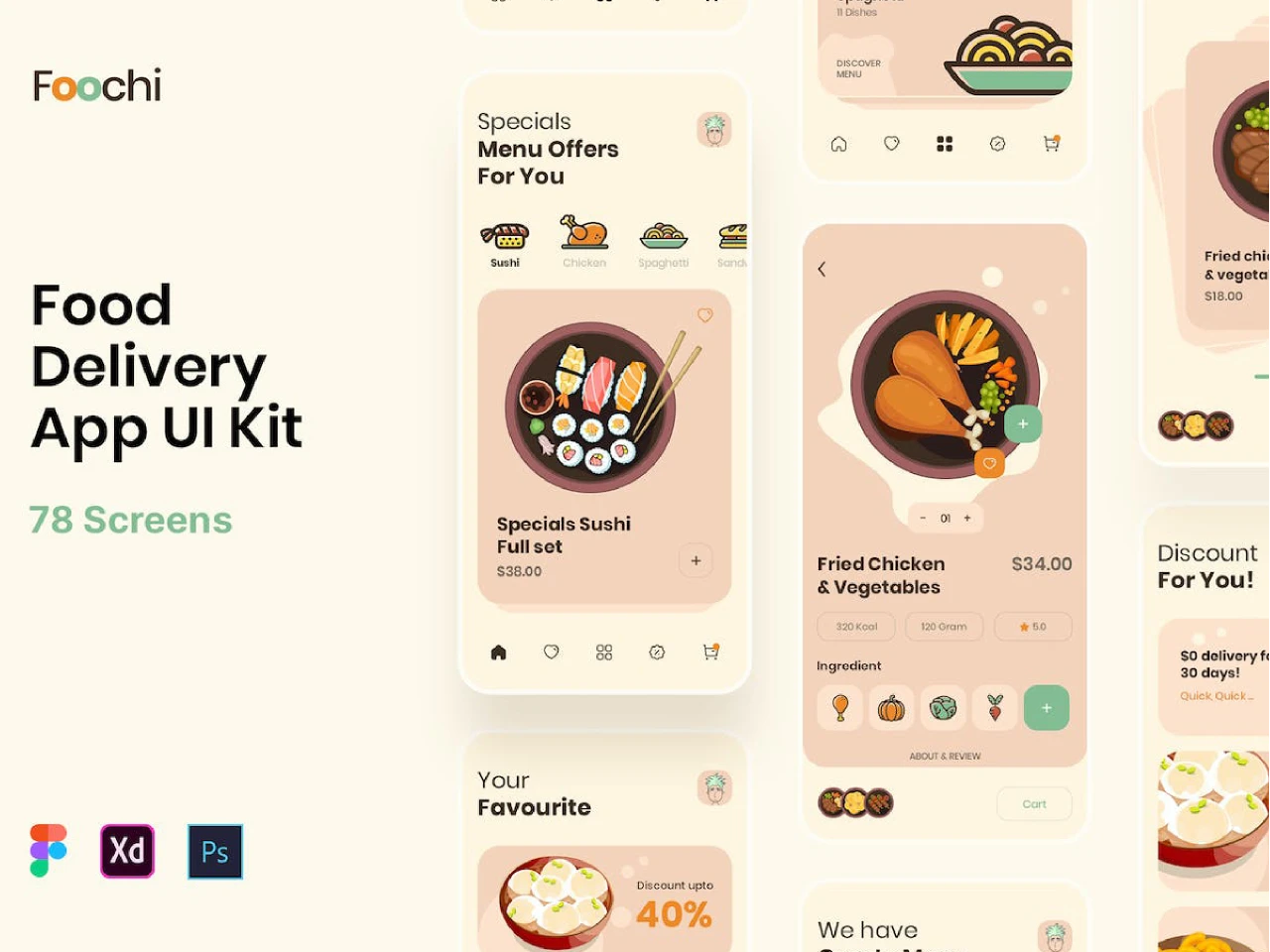 Foochi - Food Delivery App UI Kit for Figma and Adobe XD