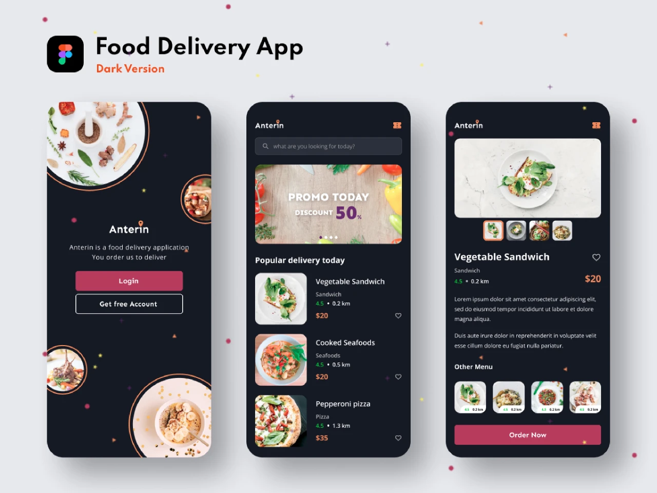 Food Delivery App Dark Version for Figma and Adobe XD