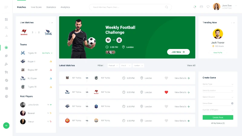 Football Dashboard for Figma and Adobe XD