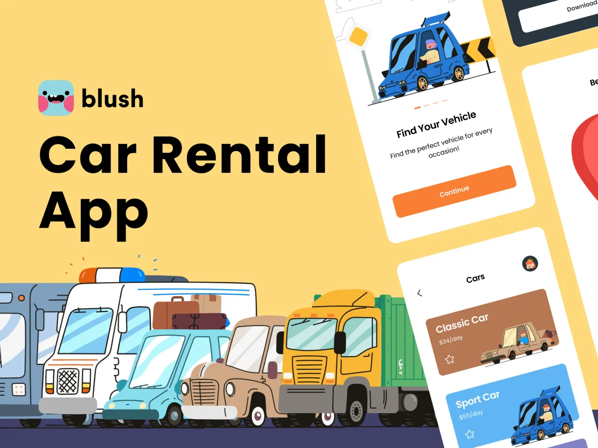 Car Rental App with Beep Beep Illustrations  - Free Figma Template