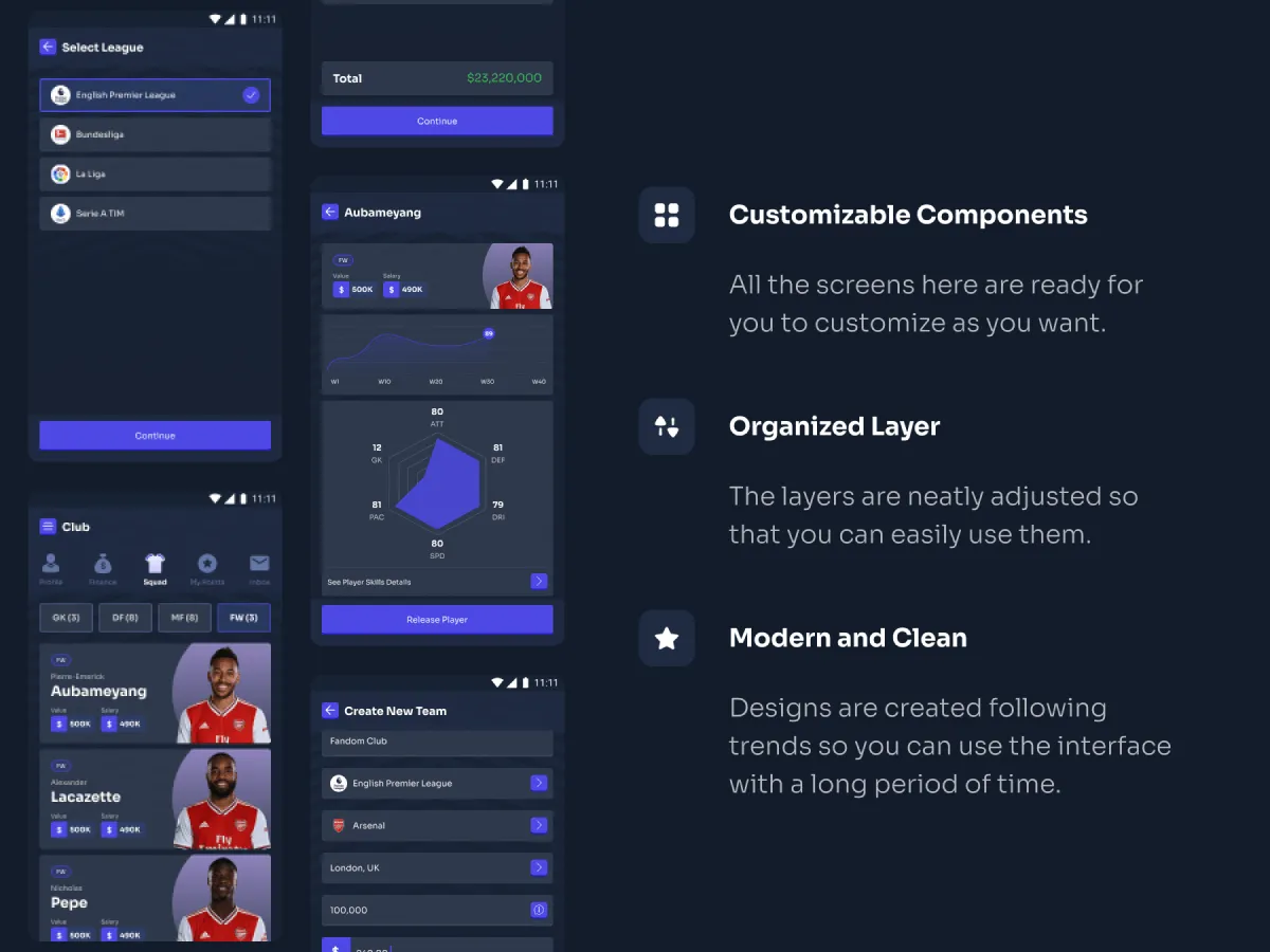 Football Manager Game UI Kit  - Free Figma Template