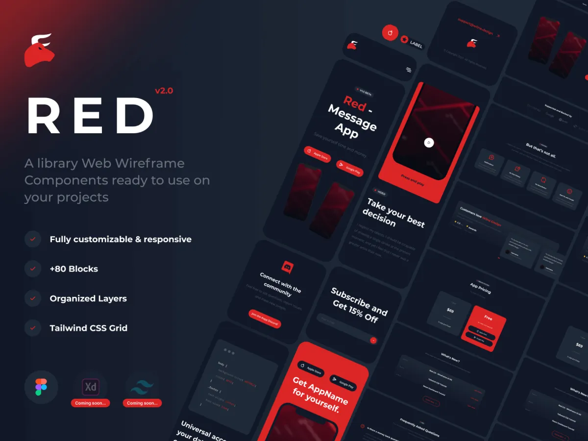Red 2.0 – Wireframe UI Kit  - Free Figma Template