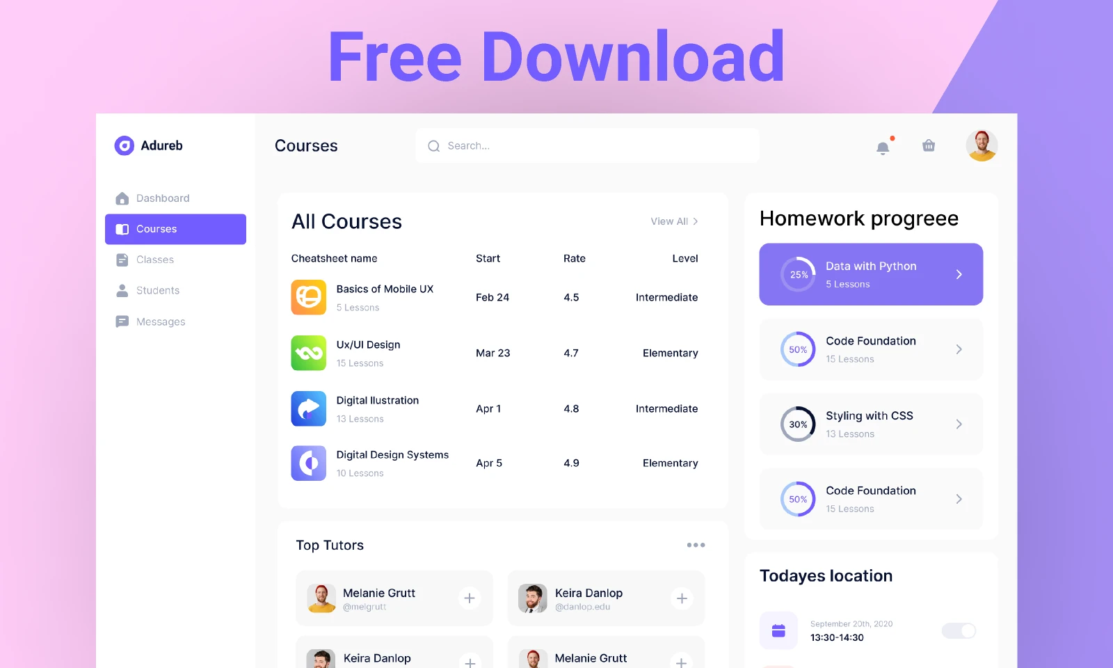 Free Education Courses Figma Template for Figma and Adobe XD