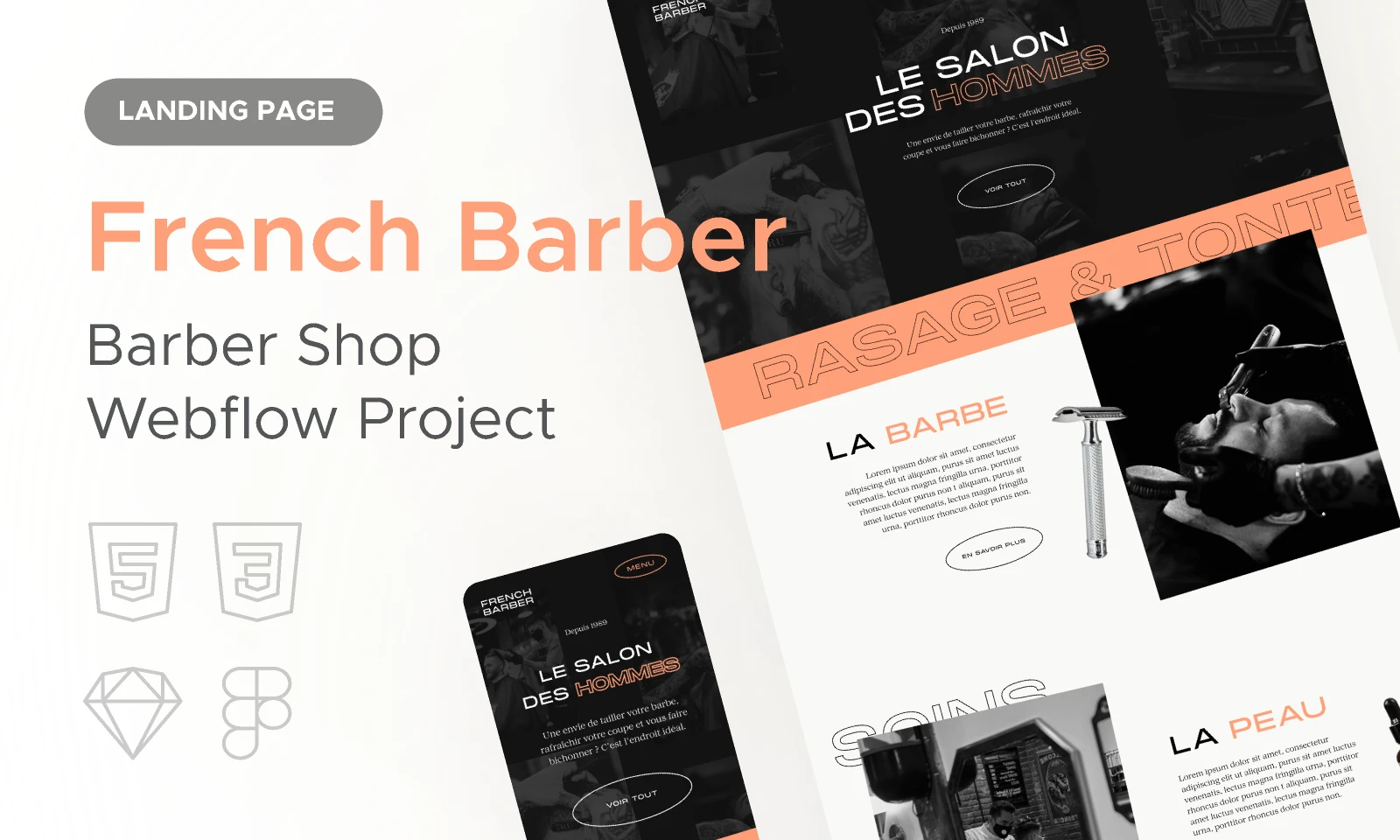 French Barber  Ecommerce Landing Template for Figma and Adobe XD