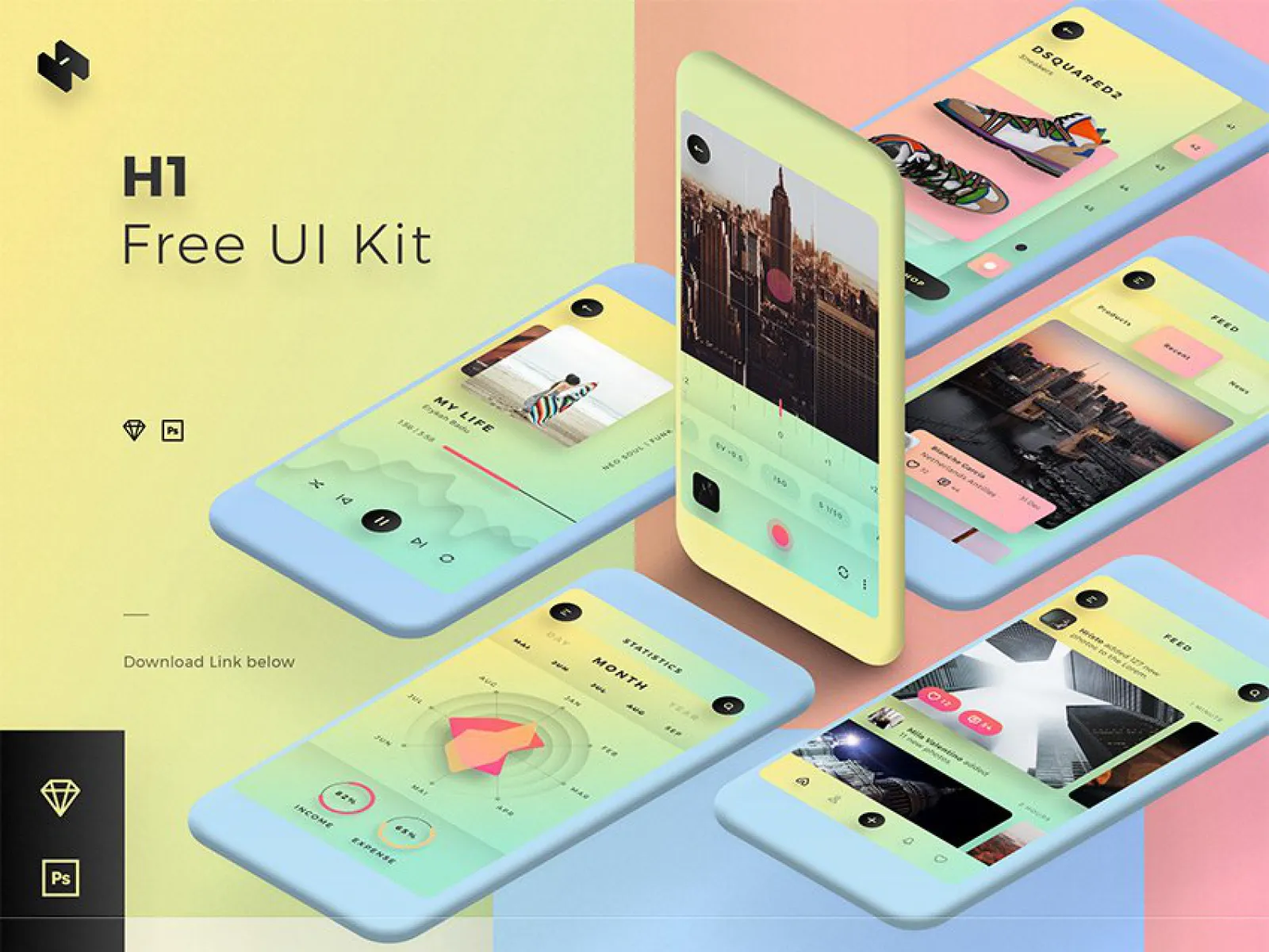 H1 Free App Design UI Kit  - Free Figma Template