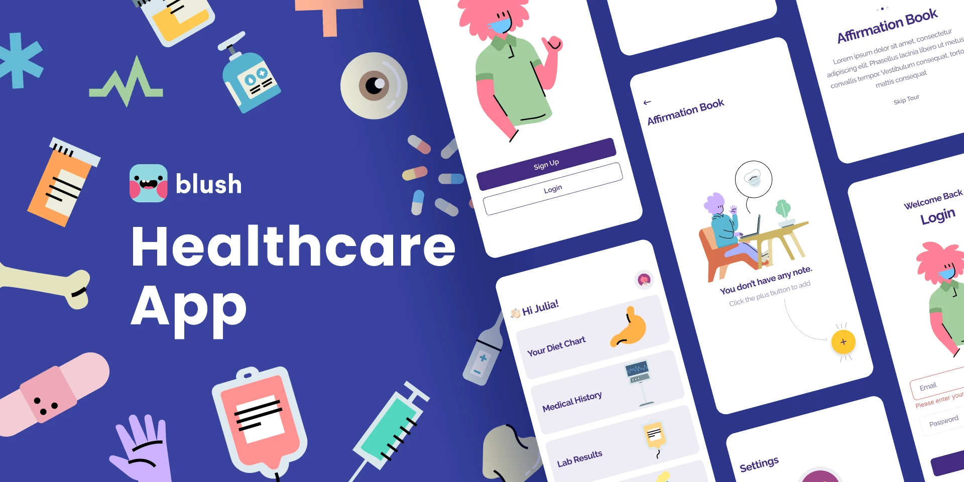 Healthcare App with Blush Illustrations for Figma and Adobe XD