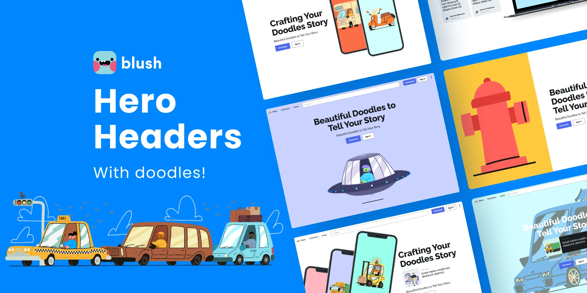 Hero Headers with Beep Beep Illustrations for Figma and Adobe XD