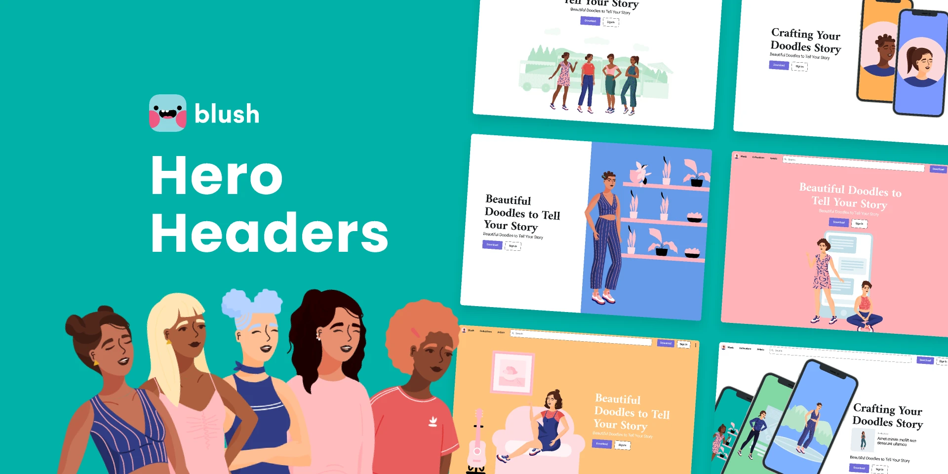 Hero Headers with Women Power Illustrations for Figma and Adobe XD