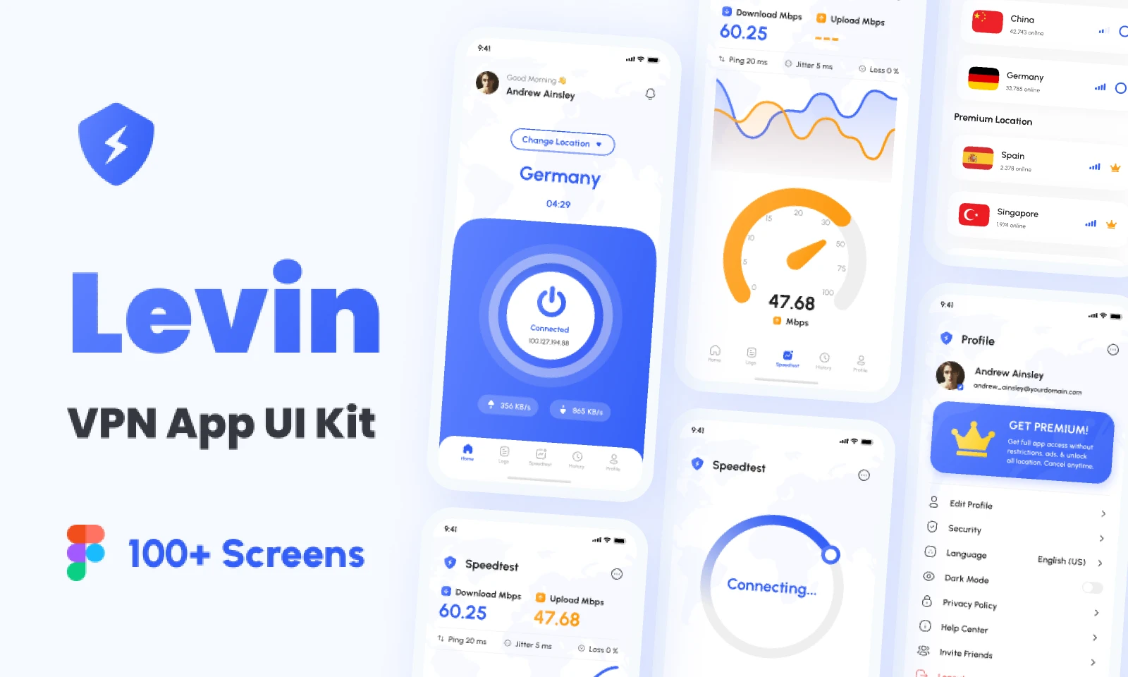 Levin - VPN App UI Kit for Figma and Adobe XD