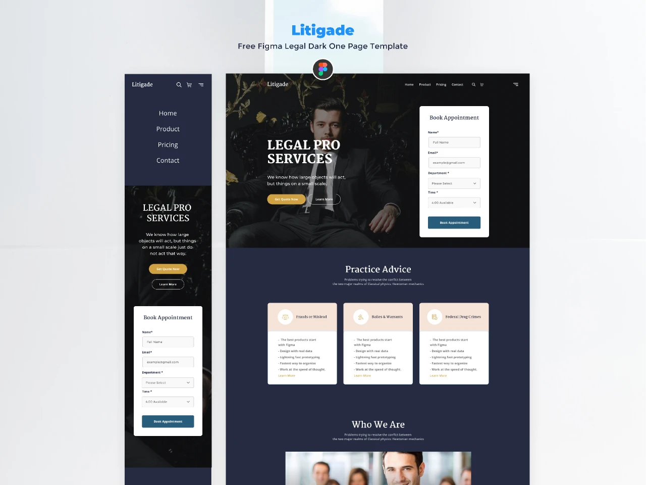 Litigade - Free Figma Legal Dark One Page Template for Figma and Adobe XD