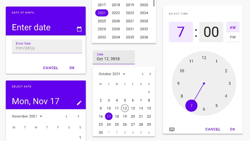 Material Design Time and Date Pickers Kit for Figma and Adobe XD