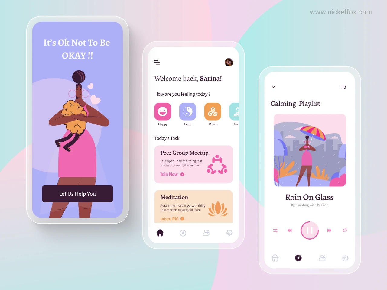 Mental Health Fitness Mobile App design for Figma and Adobe XD