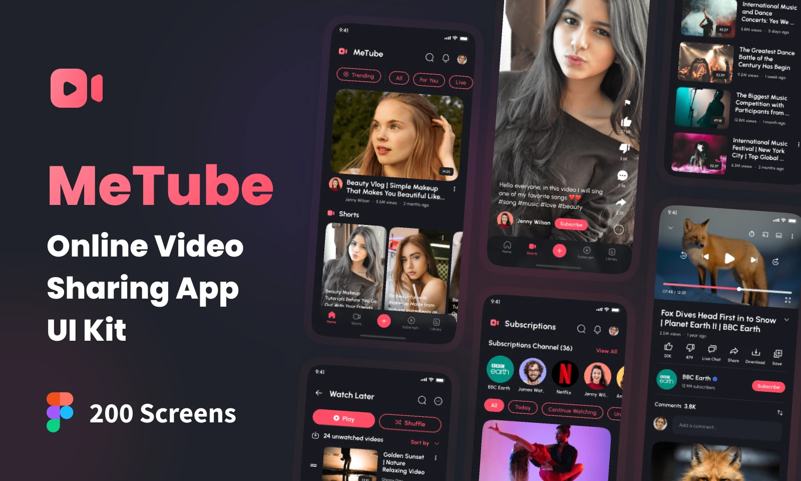 MeTube - Online Video Sharing App UI Kit for Figma and Adobe XD