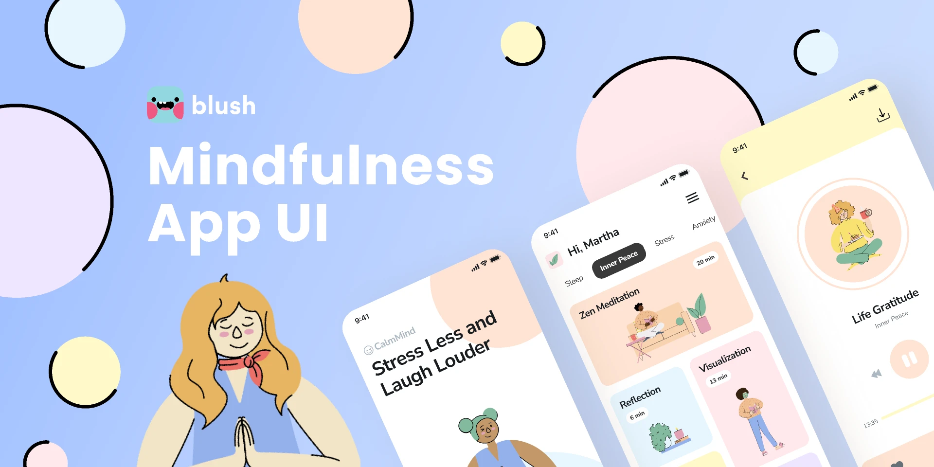 Mindfulness and Meditation App UI with Illustrations for Figma and Adobe XD