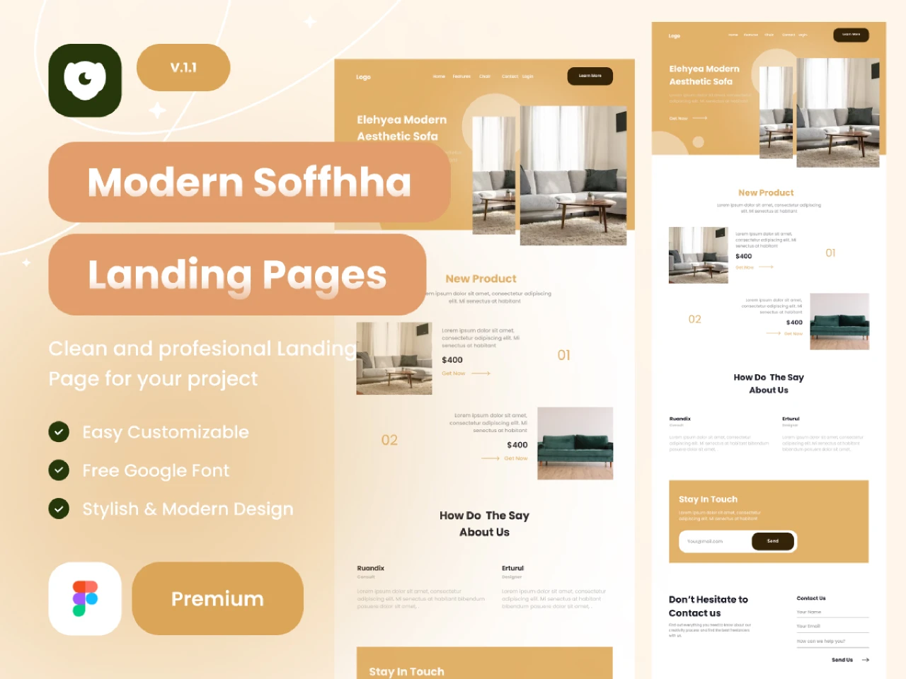 Modern Soffa landing page ui kits for Figma and Adobe XD