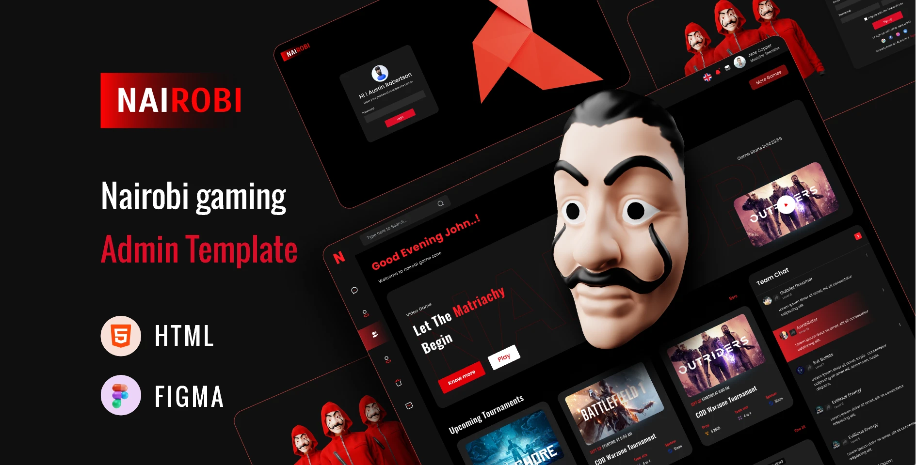Nairobi  Free Bootstrap 5 Gaming Admin Dashboard inspired by Money Heist for Figma and Adobe XD