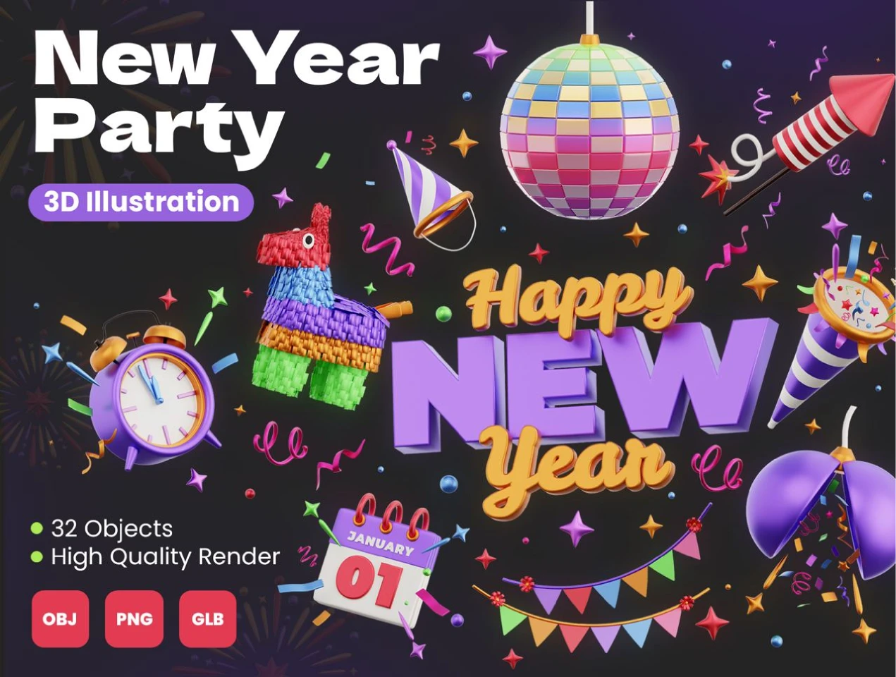 New Year party 3d illustration FREE for Figma and Adobe XD