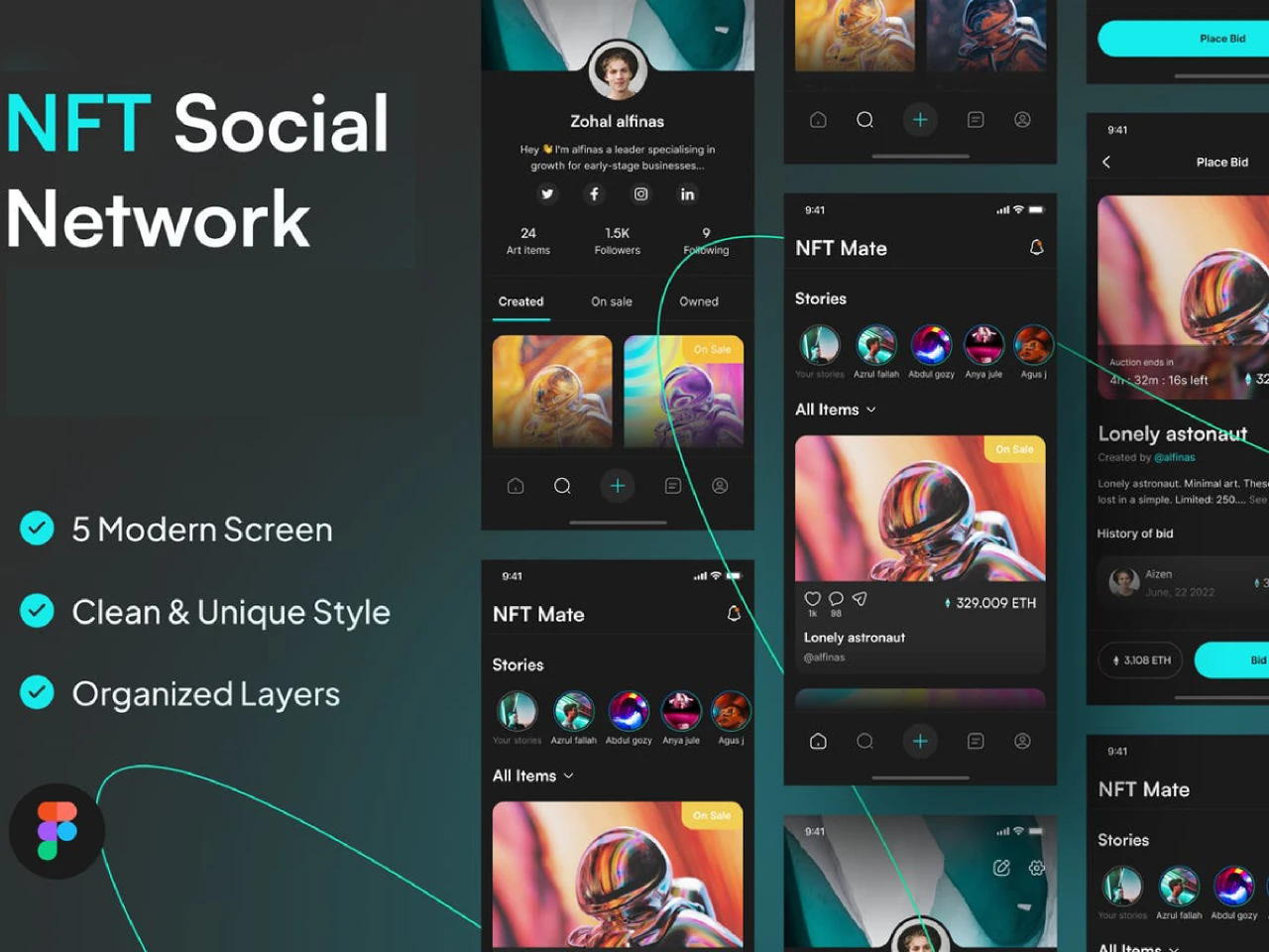 NFT Social Network Mobile App UI Kit for Figma and Adobe XD