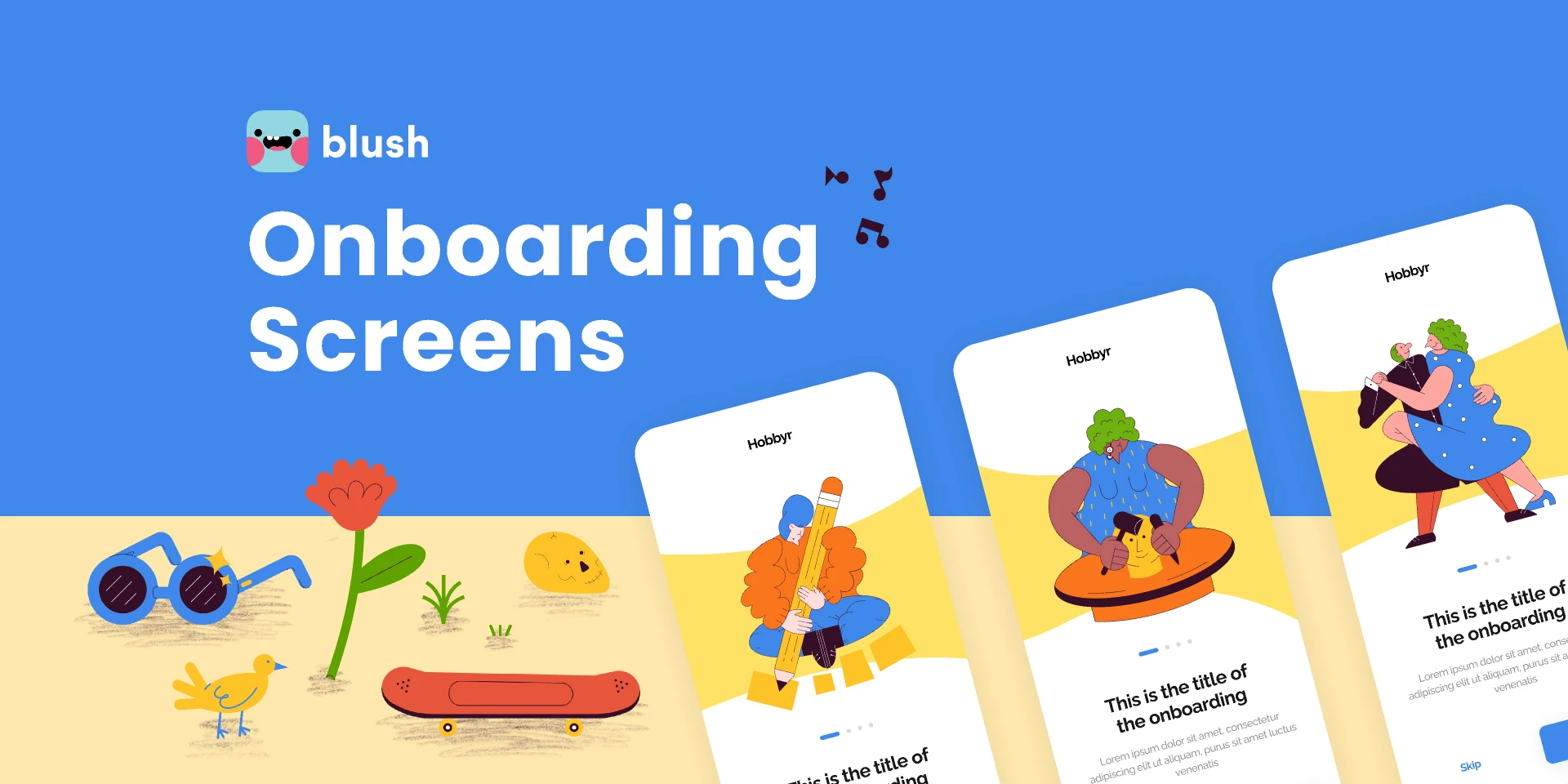 Onboarding Screens with Hobbies Illustrations for Figma and Adobe XD