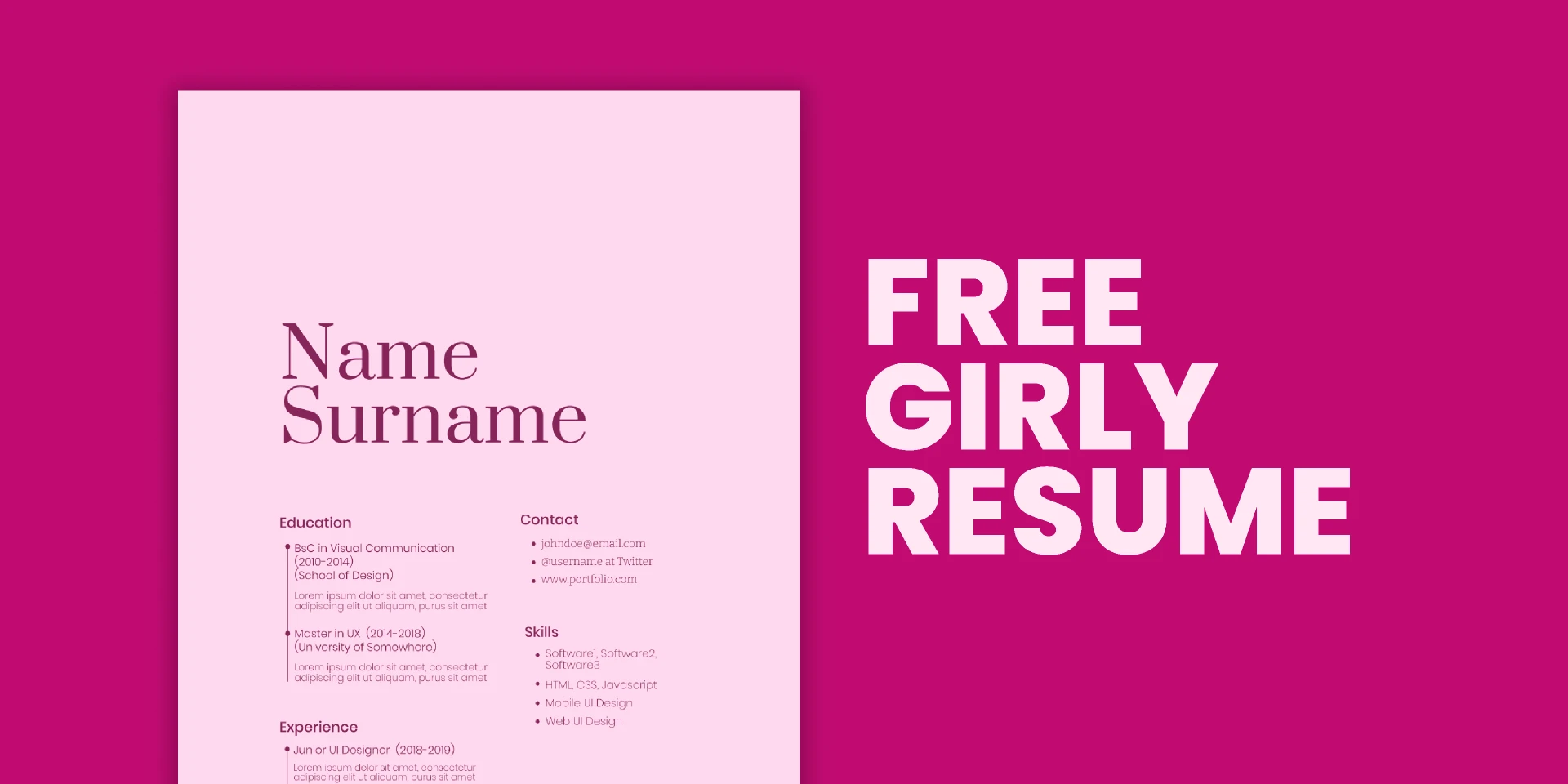 Resume/CV Girl Pink  Free Template for Figma and Adobe XD