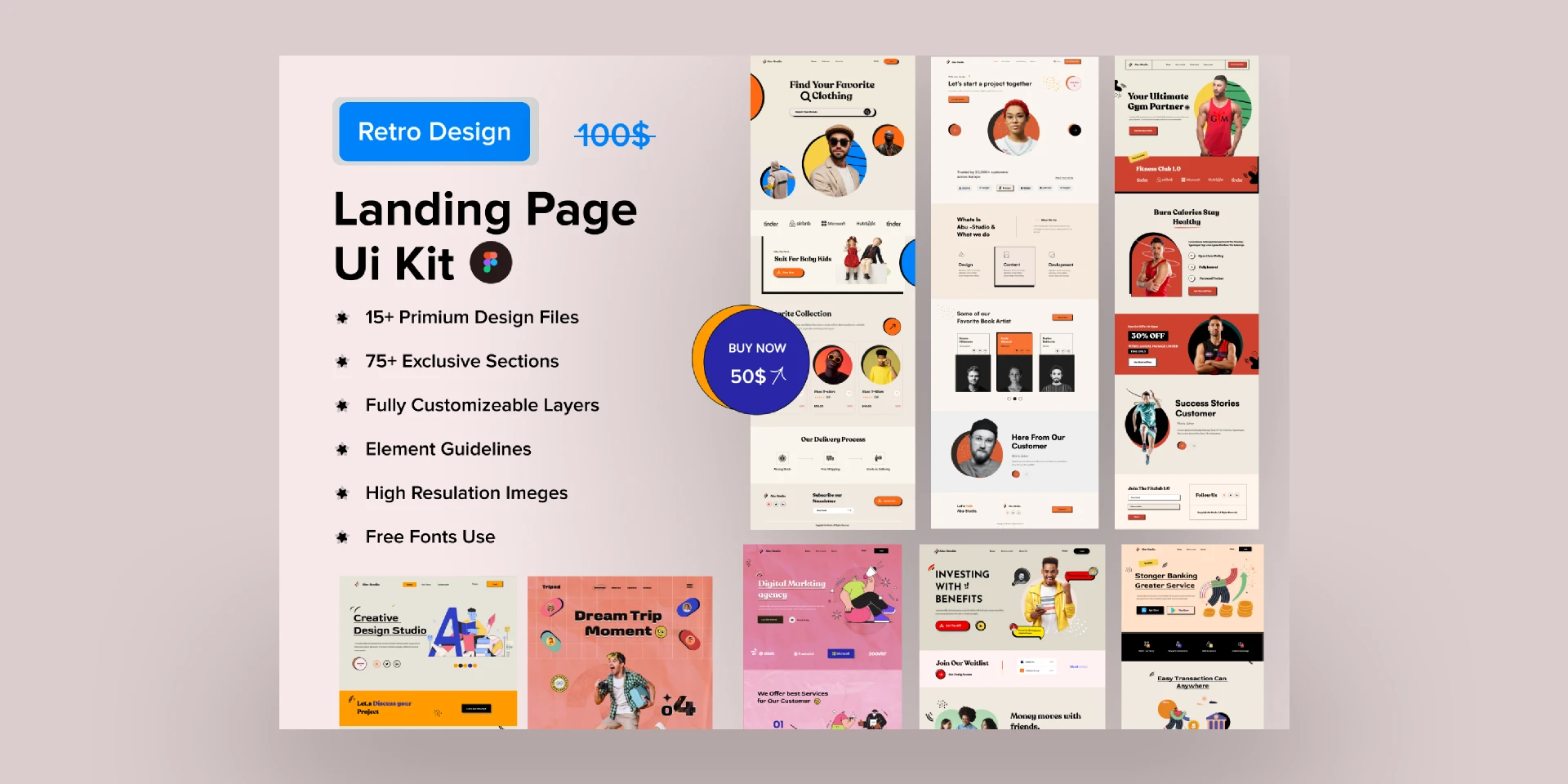Retro landing page Ui Kit for Figma and Adobe XD