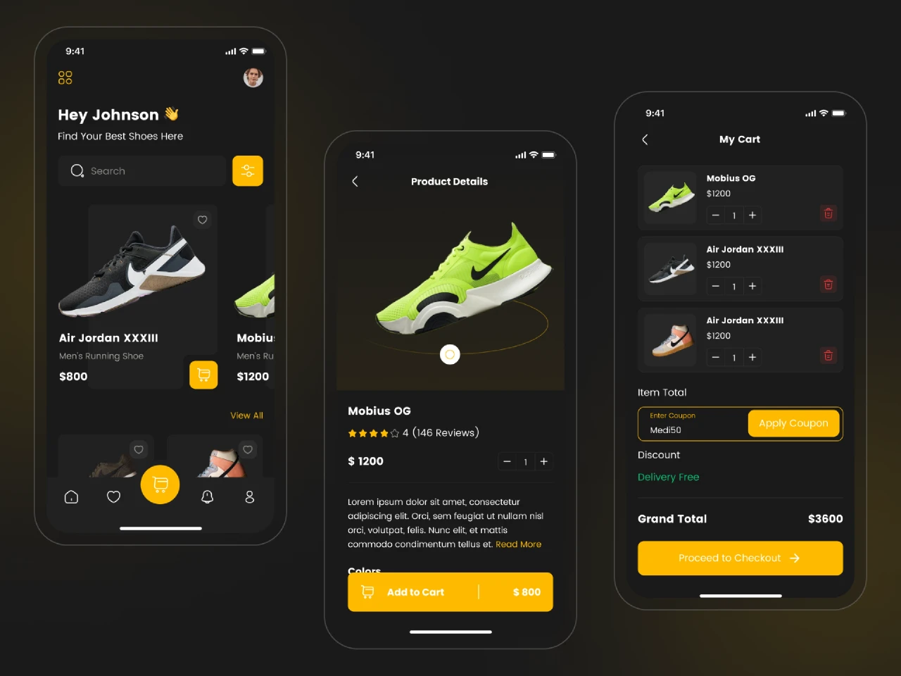 Shoe Store App UI Kit Dark V2 for Figma and Adobe XD