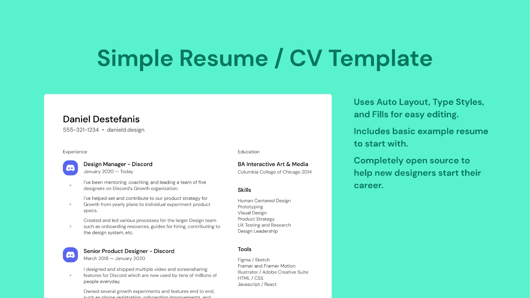 Simple Resume/CV Template for Figma and Adobe XD