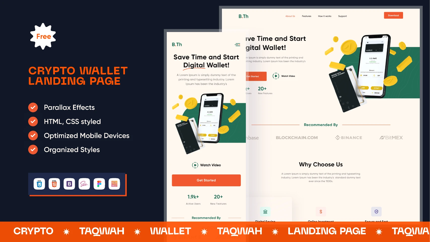 Smart Crypto Wallet Landing Page UI UX Responsive Design for Figma and Adobe XD