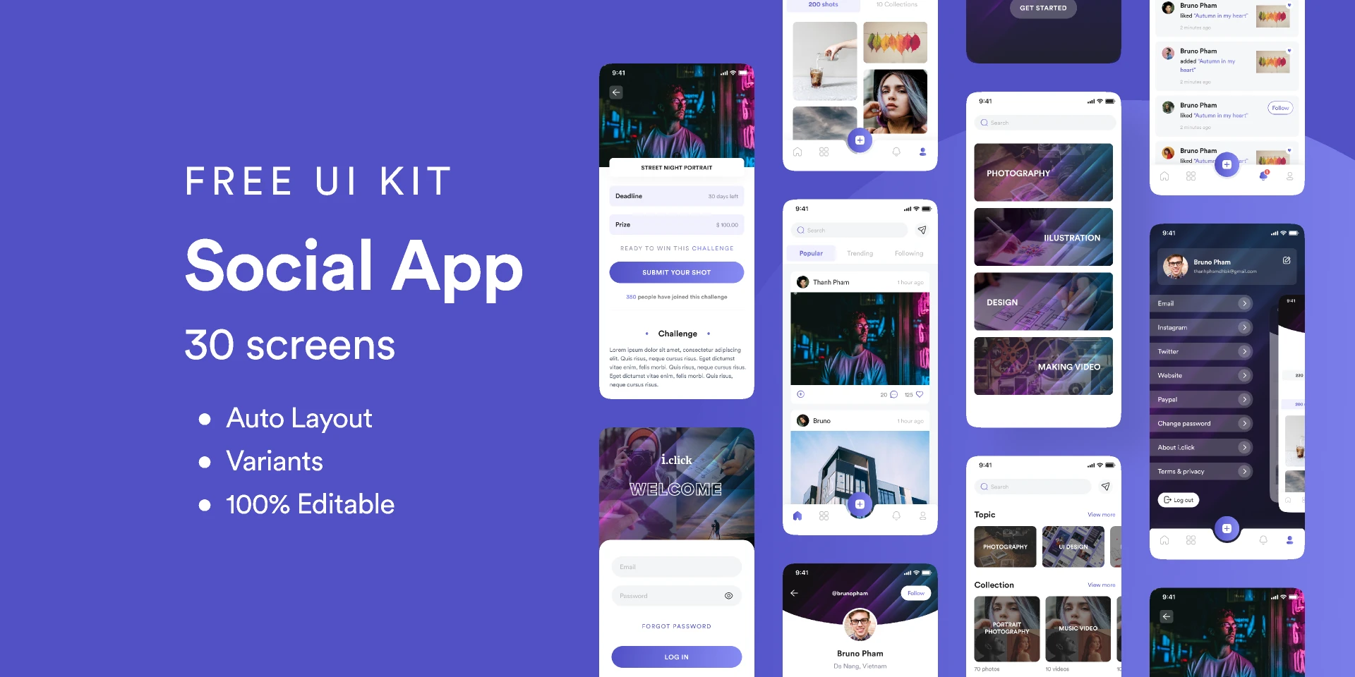 Social App - Free UI Kit  for Figma and Adobe XD