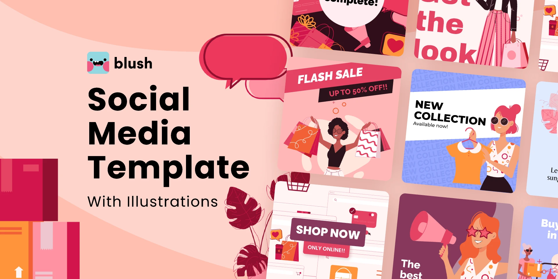 Social Media Template with Shopaholics Illustrations for Figma and Adobe XD