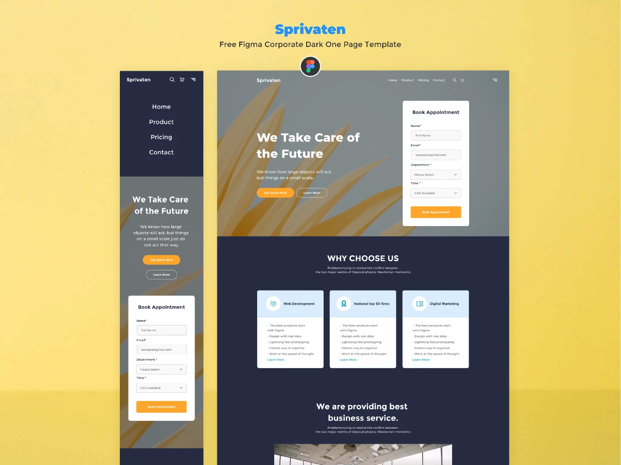 Sprivaten - Free Figma Corporate Dark One Page Template for Figma and Adobe XD