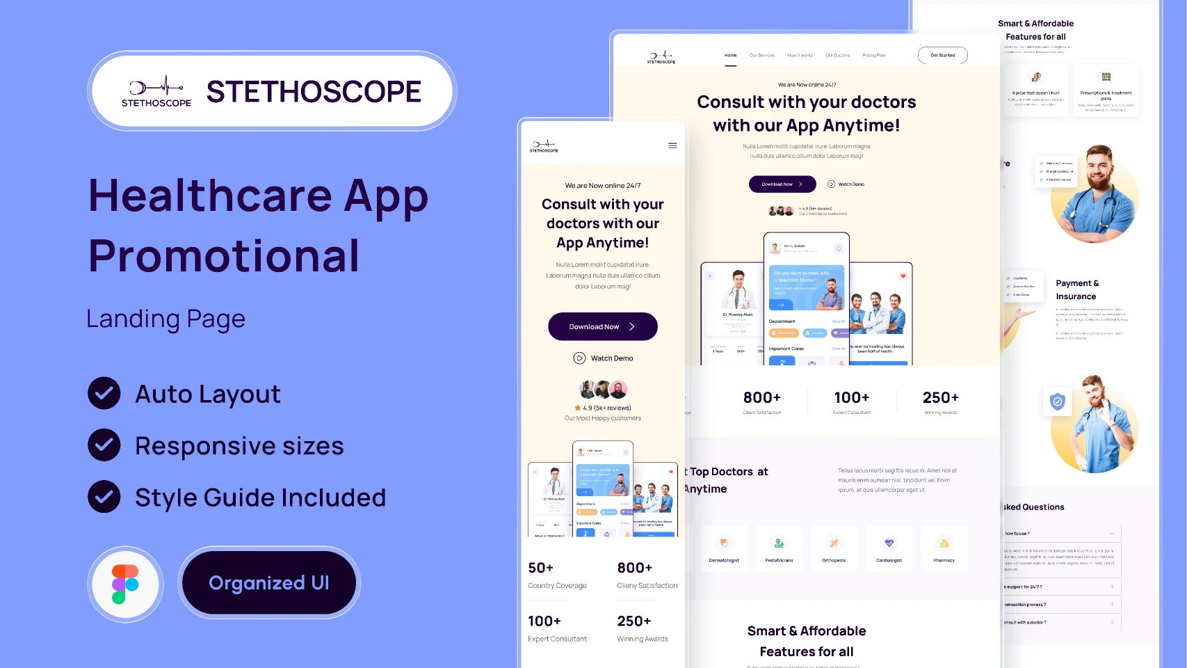 Stethoscope -Healthcare App Promotional Landing Page UI Design for Figma and Adobe XD