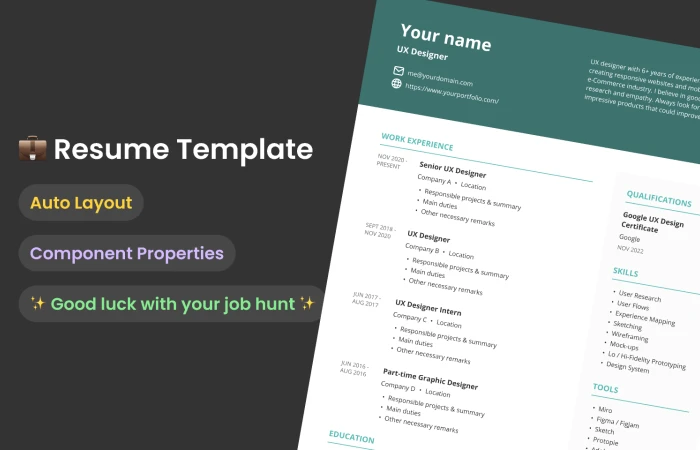  Resume Template in Auto Layout  - Free Figma Template