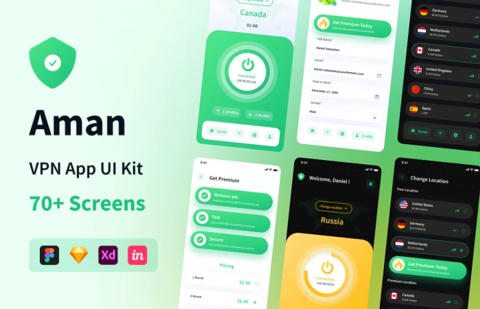 Aman - VPN App UI Kit  - Free Figma Template