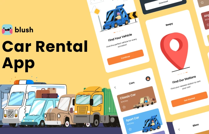 Car Rental App with Beep Beep Illustrations  - Free Figma Template